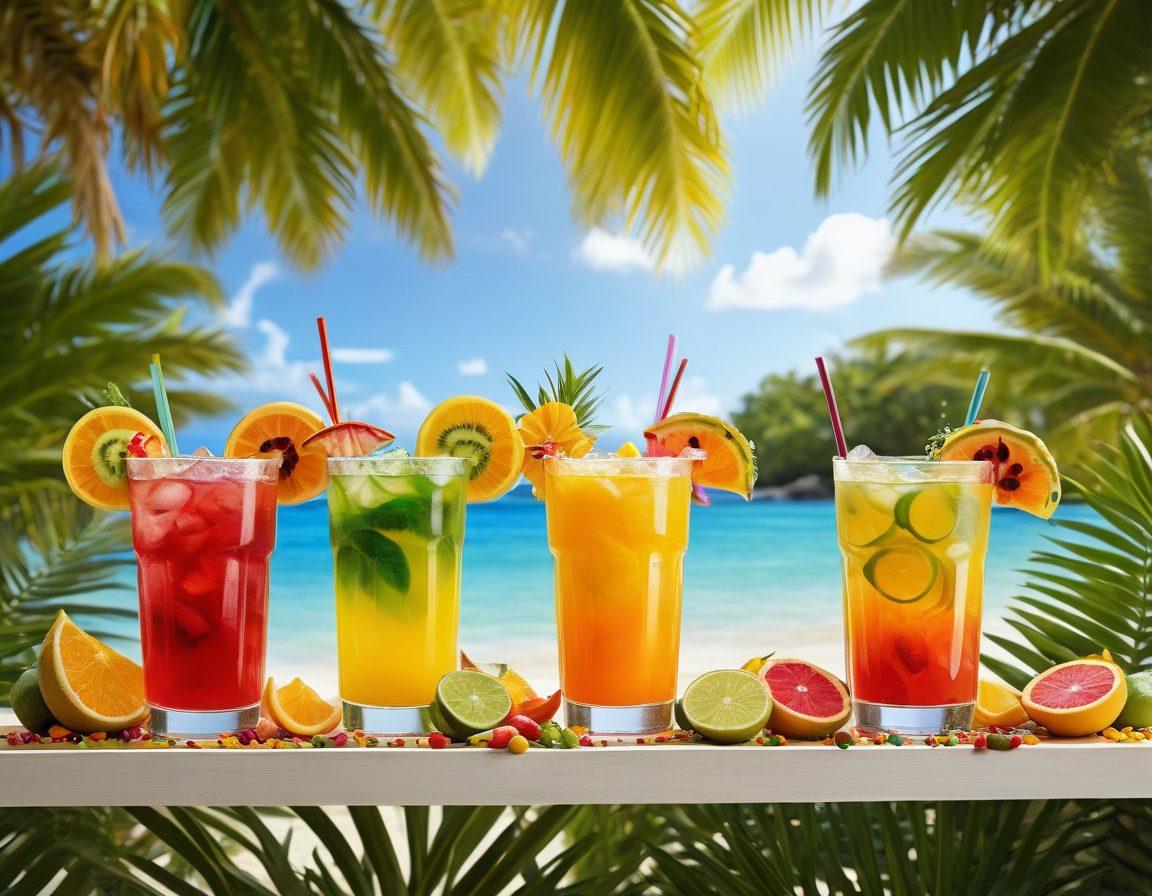 A vibrant tropical scene featuring an array of refreshing summer beverages in colorful glasses adorned with fresh fruit slices and colorful garnishes. The background should include lush green palm leaves and bright flowers, evoking a sunny beach atmosphere. Include a playful splash of water in the foreground to add a sense of refreshment and excitement. Emphasize warm sunlight illuminating the drinks to enhance their colors. super-realistic. vibrant colors. tropical theme.