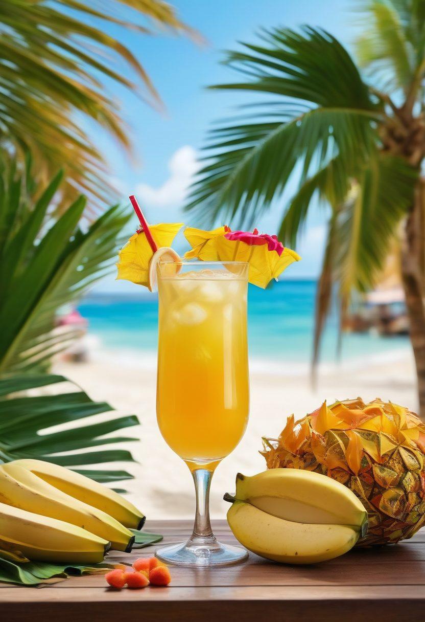 A vibrant summer scene featuring a beautifully arranged tropical cocktail with banana liqueur, garnished with fresh bananas and colorful paper umbrellas. Surround the drink with lush green palm leaves, tropical flowers, and a sunny beach backdrop. The scene should evoke feelings of warmth and flirtation, perfect for summer romance. Capture the essence of a lively cocktail party vibe. super-realistic. vibrant colors. tropical theme.