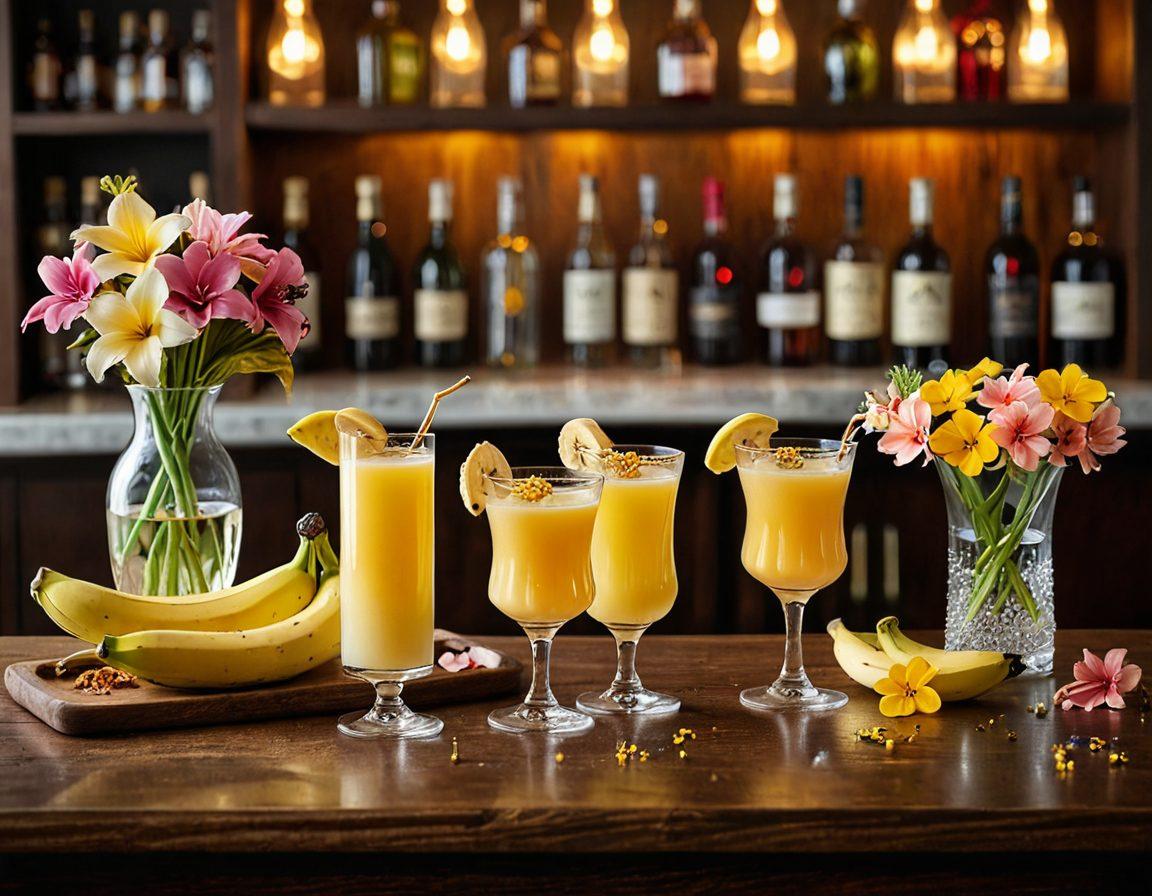 A beautifully arranged cocktail bar featuring various bottles of colorful banana liqueur. In the foreground, a romantic setup with two elegant glasses filled with a sweet, creamy banana cocktail adorned with edible flowers and a sprinkle of cinnamon. Soft, warm lighting creates an intimate ambiance, highlighting the rich textures of the wooden bar. In the background, a hint of fresh bananas and cocktail shakers adds to the mixology theme. super-realistic. vibrant colors. soft focus.